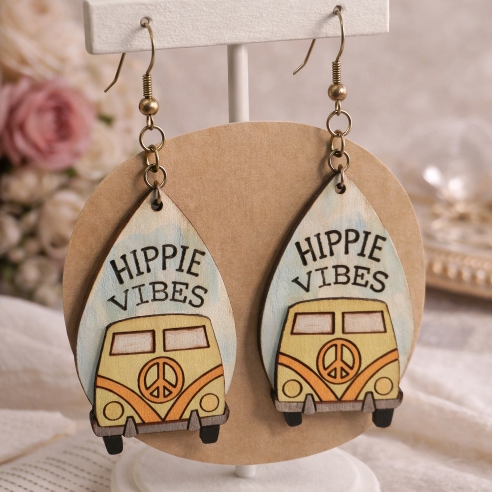 Hand-Painted Hippie Vibes Wooden Earrings